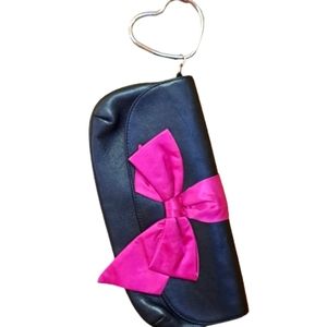 LOVCAT Black Leather Clutch With Satin Raspberry Bow Detail